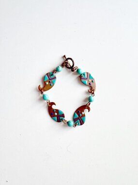 Vintage K.A Copper Turquoise Enamel Painted Beaded Chain Link Bracelet